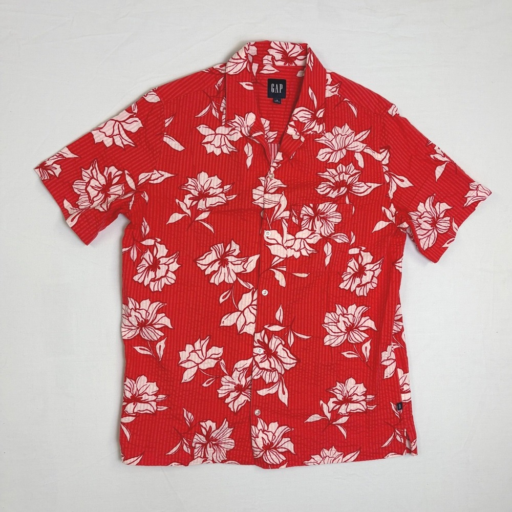 Gap Mens Red Seersucker Floral Short Sleeve Button Down Shirt Size‎ M Hibiscus